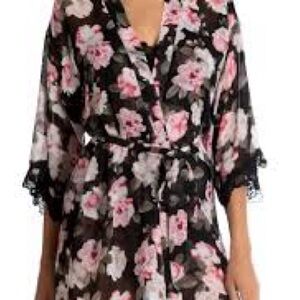 In Bloom by Jonquil Black Floral short Chiffon Lace robe XS / S NWT $58